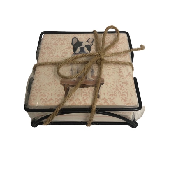 Source Unknown Other - Set of 4 French bulldog ceramic coasters with holder. New